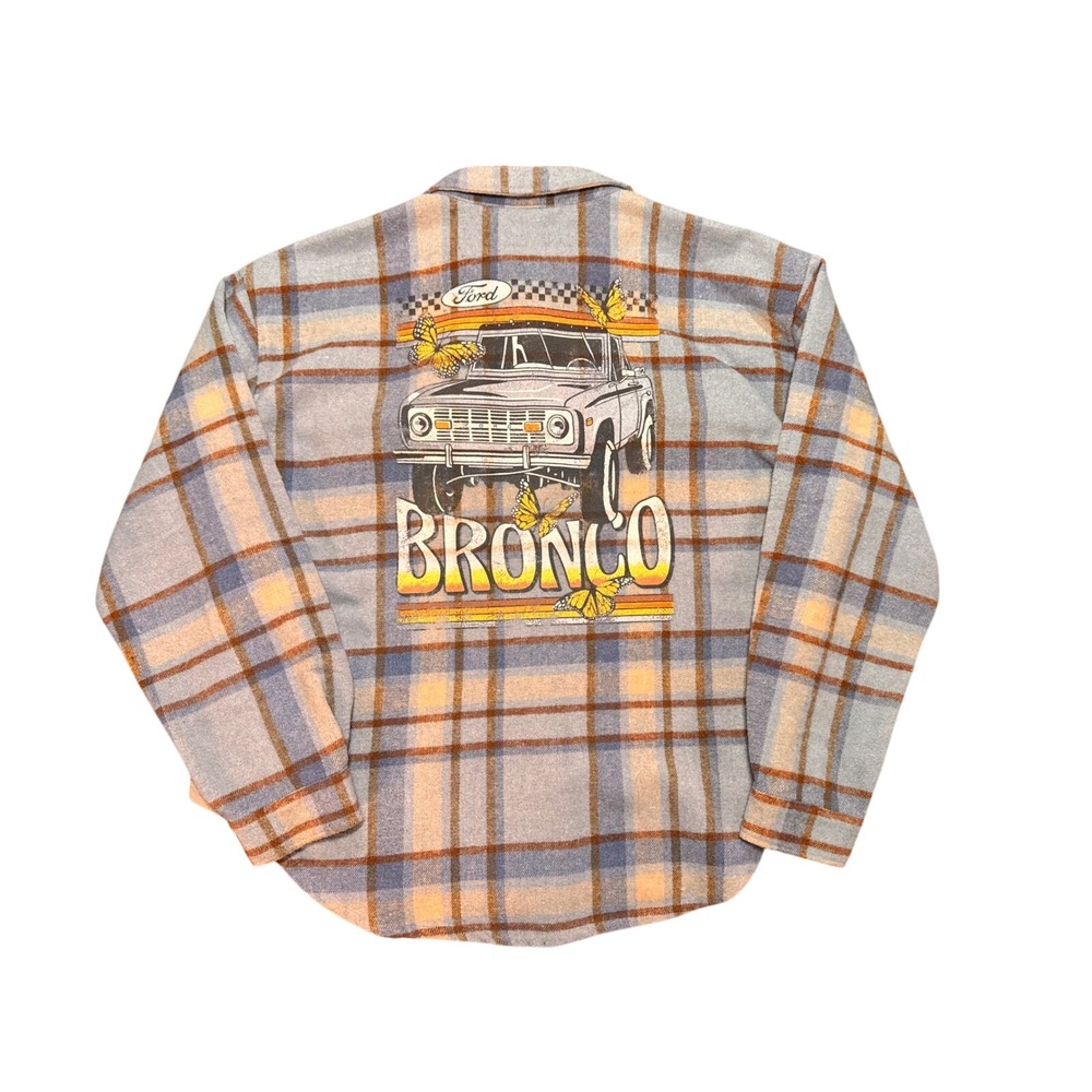 Ford Bronco Graphic Plaid Flannel Shirt Blue Tan Butterfly Shacket Womens XXL